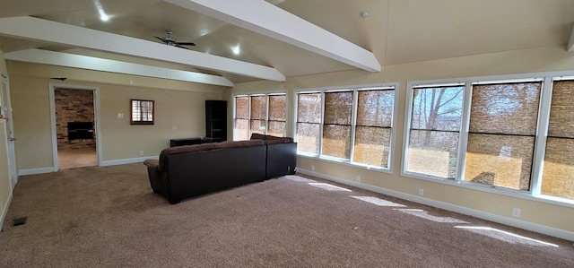 living room with beamed ceiling, ceiling fan, carpet floors, and a wealth of natural light