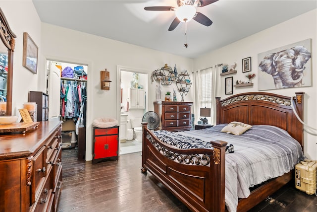 bedroom with ceiling fan, a spacious closet, dark hardwood / wood-style flooring, ensuite bathroom, and a closet