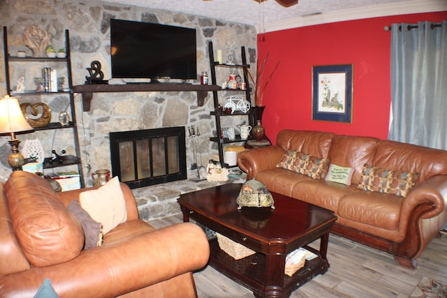 living room with ornamental molding, a fireplace, and light hardwood / wood-style flooring