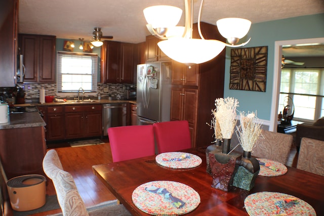 dining room with dark wood-type flooring, sink, and ceiling fan with notable chandelier