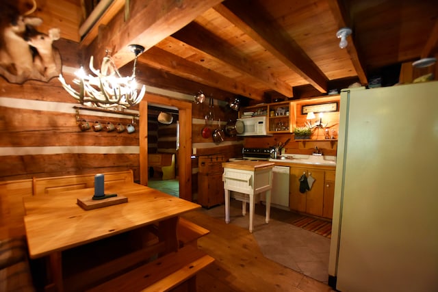 kitchen featuring wooden ceiling, a chandelier, hardwood / wood-style flooring, white appliances, and beam ceiling