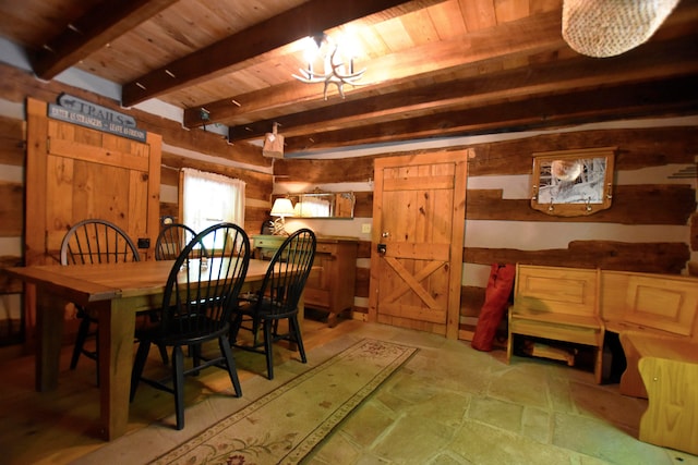 dining room featuring beamed ceiling and wooden ceiling