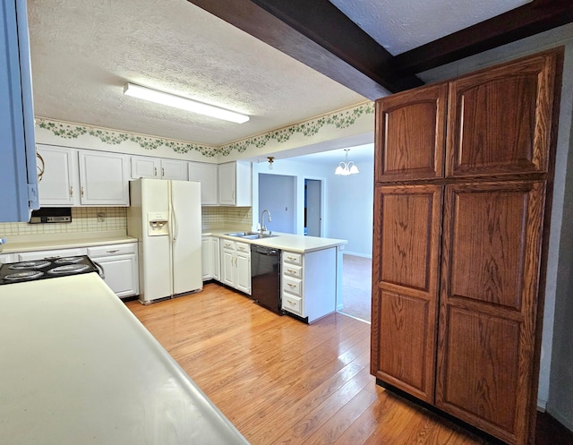 kitchen with white fridge with ice dispenser, light hardwood / wood-style floors, dishwasher, and white cabinetry