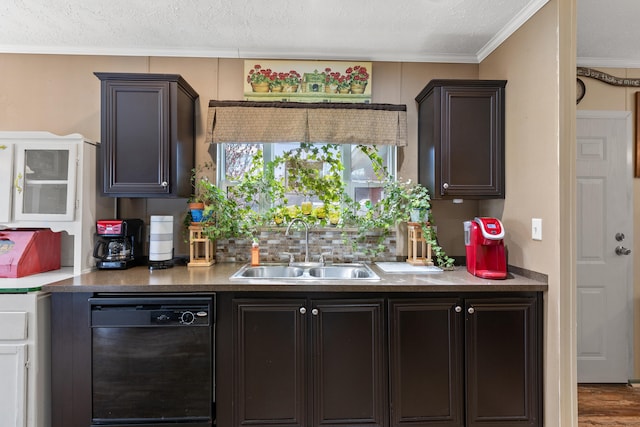 kitchen featuring dishwasher, sink, dark brown cabinets, hardwood / wood-style flooring, and crown molding