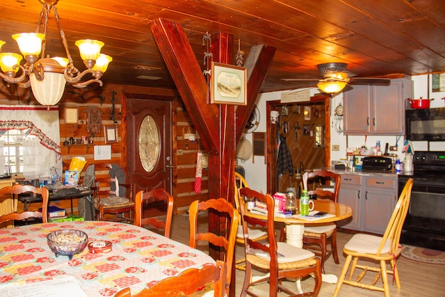 dining space with ceiling fan with notable chandelier, light hardwood / wood-style floors, and wood ceiling