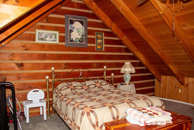 bedroom featuring carpet floors, lofted ceiling with beams, wood ceiling, and wood walls