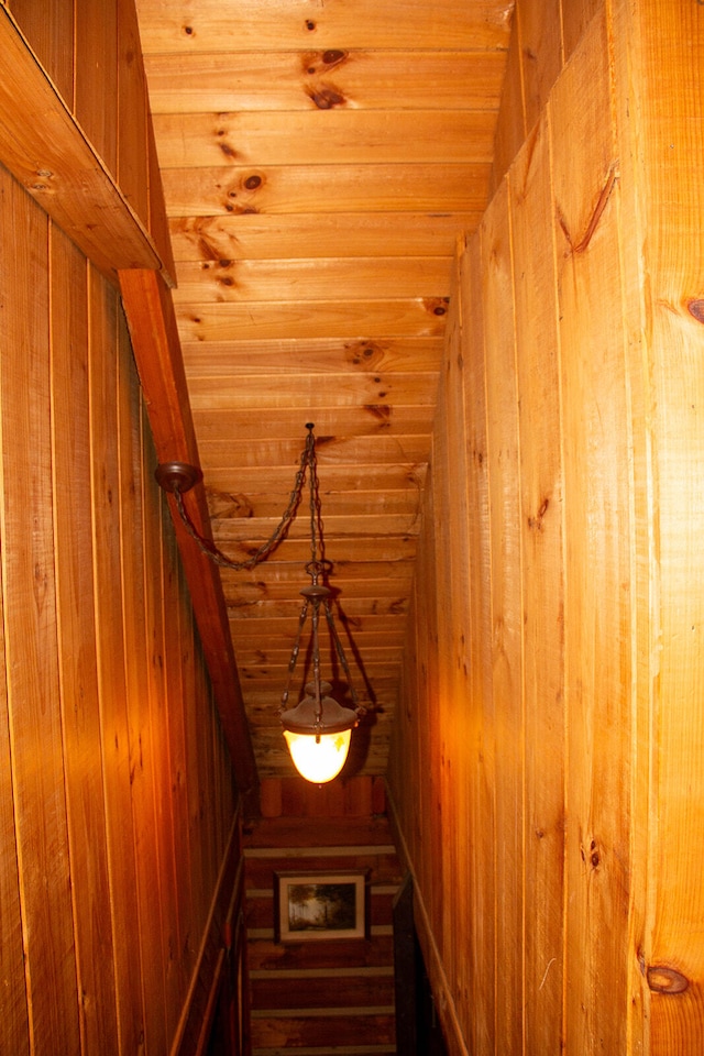 interior space featuring wooden walls and wooden ceiling