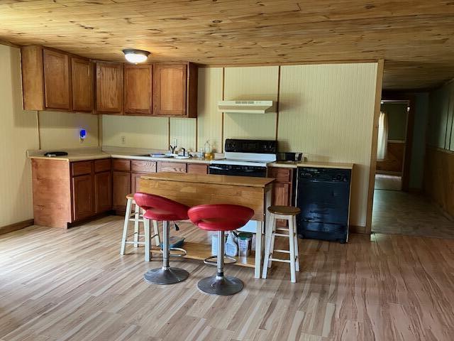 3192 Ky 15 N, Campton, KY 41301 - kitchen featuring range with electric cooktop, wooden ceiling, under cabinet range hood, black dishwasher, and light wood-style flooring