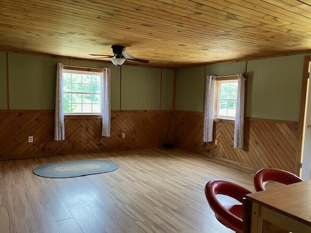 interior space with wood ceiling, ceiling fan, hardwood / wood-style floors, and wood walls