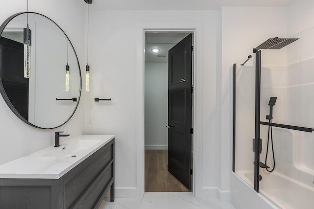 2420 Flying Ebony Dr, Lexington, KY 40509 - full bath with vanity, baseboards, marble finish floor, visible vents, and  shower combination