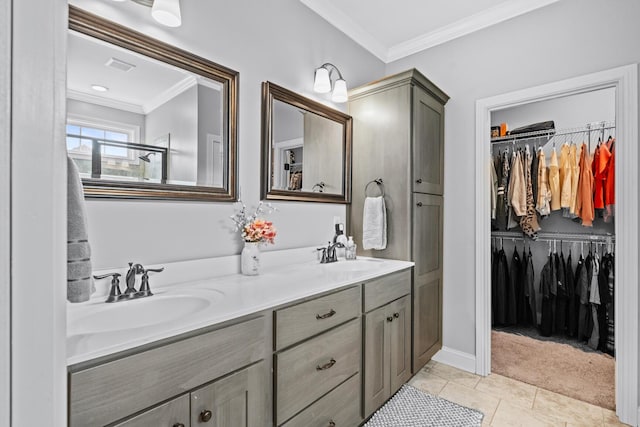 108 Buena Vista Dr, Frankfort, KY 40601 - full bath featuring crown molding, double vanity, a walk in closet, tile patterned floors, and baseboards