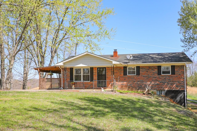 ranch-style house featuring a chimney, an attached carport, a front lawn, a porch, and brick siding