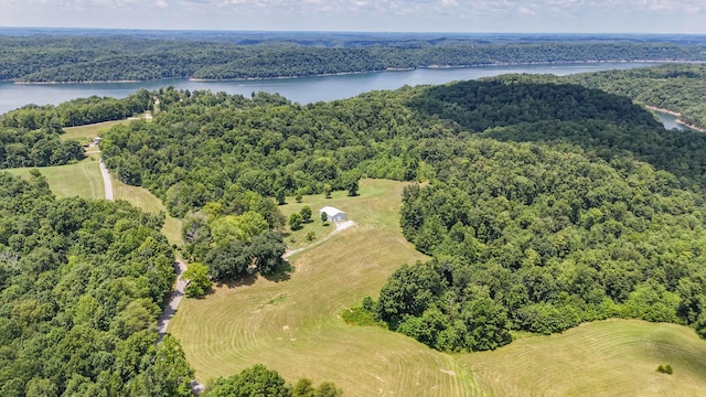 birds eye view of property with a water view and a wooded view