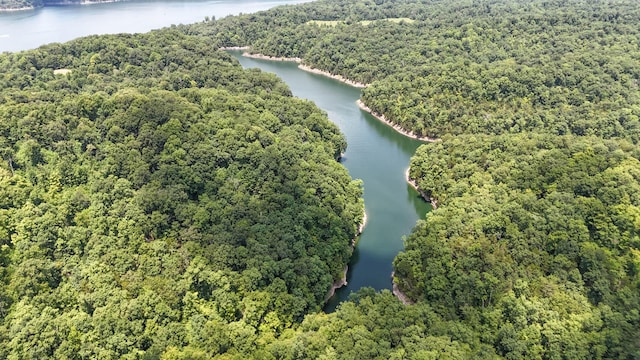 drone / aerial view featuring a forest view and a water view