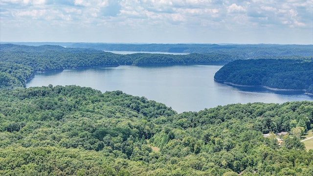 birds eye view of property with a water view and a wooded view