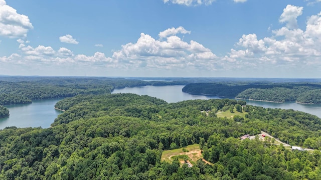 drone / aerial view featuring a water view and a forest view