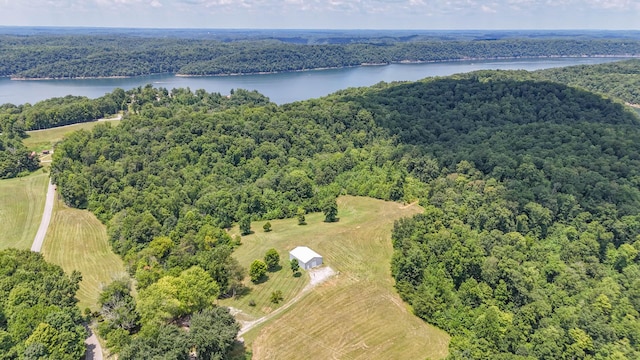 birds eye view of property featuring a water view and a forest view