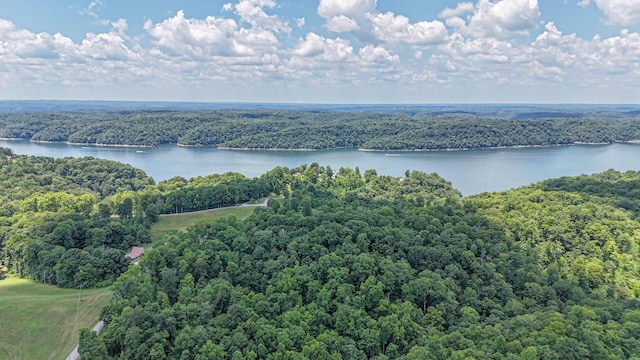 birds eye view of property featuring a water view and a wooded view