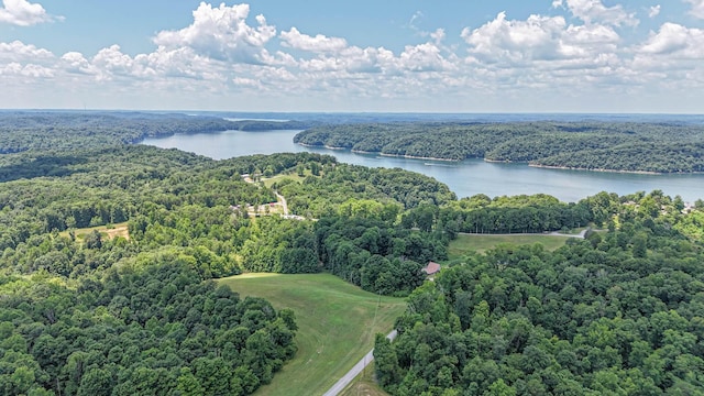 aerial view featuring a water view and a wooded view