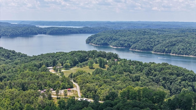 birds eye view of property featuring a water view and a wooded view