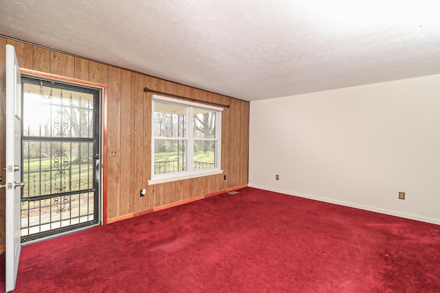 empty room featuring carpet flooring, wood walls, and a textured ceiling