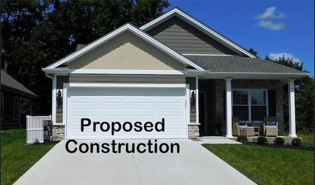 craftsman inspired home featuring a front lawn and a garage