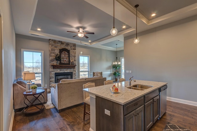 kitchen with ceiling fan, dark hardwood / wood-style floors, a tray ceiling, and sink