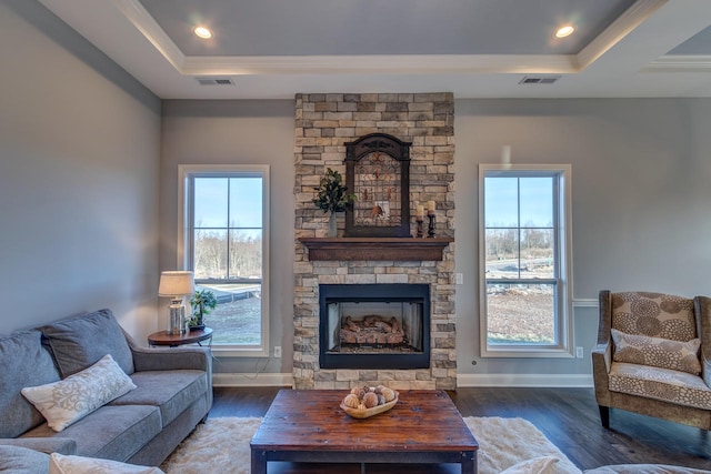 living room with dark hardwood / wood-style flooring, a fireplace, and a raised ceiling