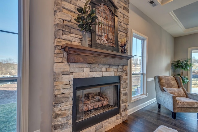 living room featuring a fireplace and dark wood-type flooring