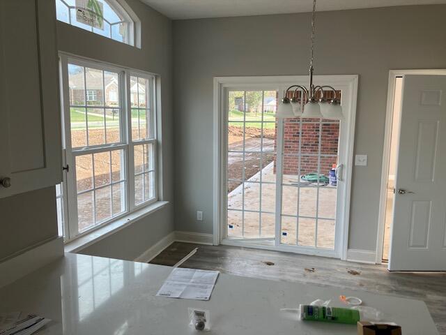 unfurnished dining area featuring a wealth of natural light, wood-type flooring, and a notable chandelier