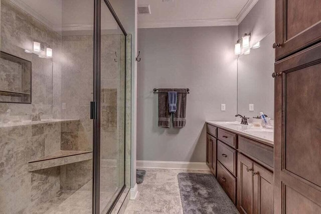 bathroom featuring an enclosed shower, ornamental molding, vanity with extensive cabinet space, and tile flooring