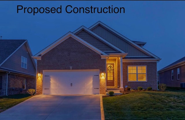 craftsman house featuring a garage and a front lawn