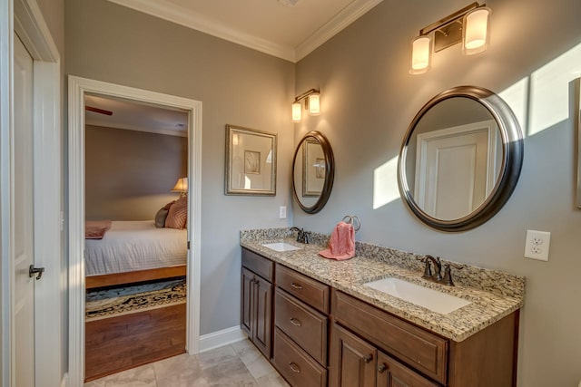 bathroom with wood-type flooring, crown molding, and double sink vanity