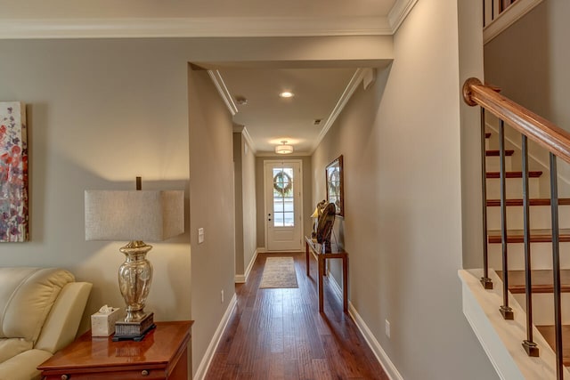 corridor featuring hardwood / wood-style floors and crown molding