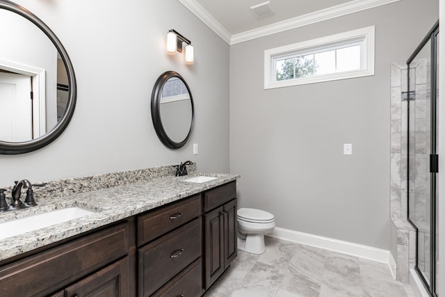 bathroom featuring walk in shower, dual bowl vanity, toilet, and ornamental molding