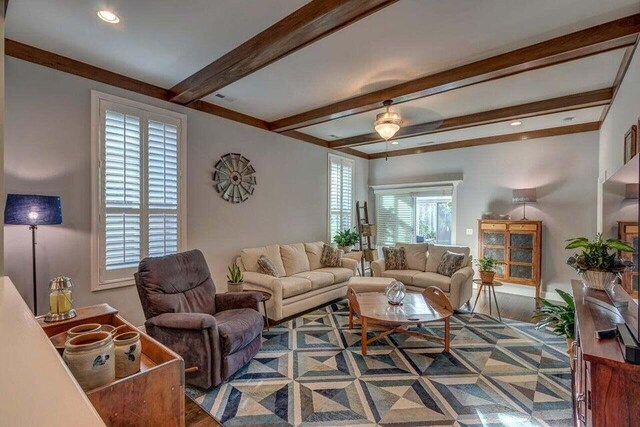 living room with beamed ceiling