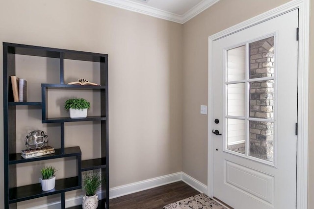 doorway with crown molding and dark hardwood / wood-style floors