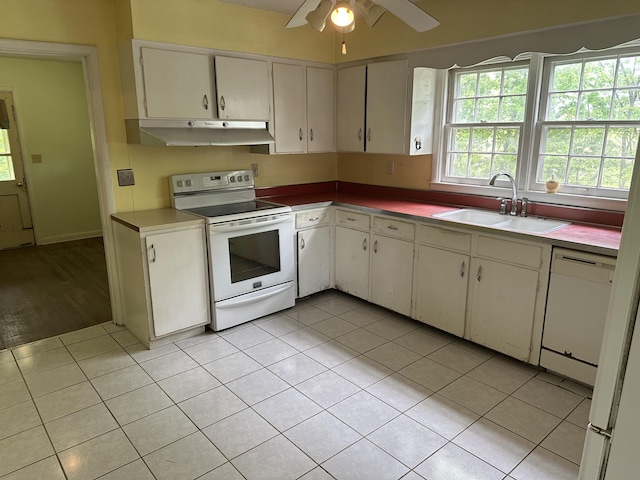 256 Carrick Pike, Georgetown, KY 40324 - kitchen featuring white appliances, under cabinet range hood, a sink, light tile patterned flooring, and a ceiling fan