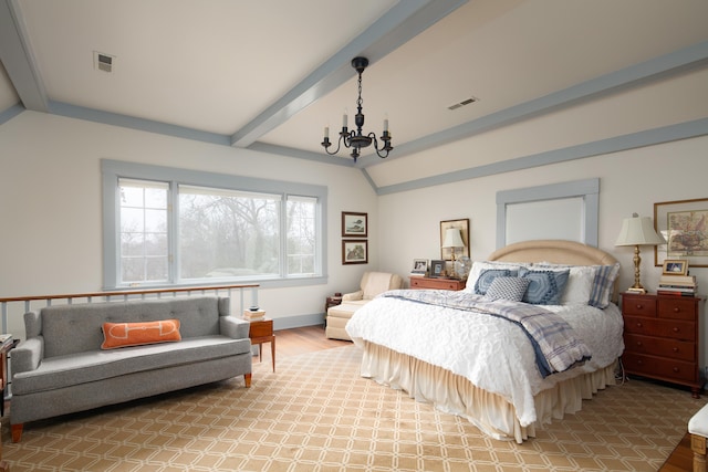 511 Boone Ave, Winchester, KY 40391 - bedroom with lofted ceiling with beams, light wood-type flooring, and a chandelier