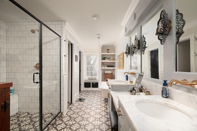511 Boone Ave, Winchester, KY 40391 - bathroom featuring ornamental molding, a shower with door, tile flooring, and vanity