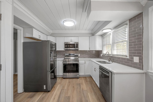 kitchen with white cabinets, sink, backsplash, light wood-type flooring, and stainless steel appliances