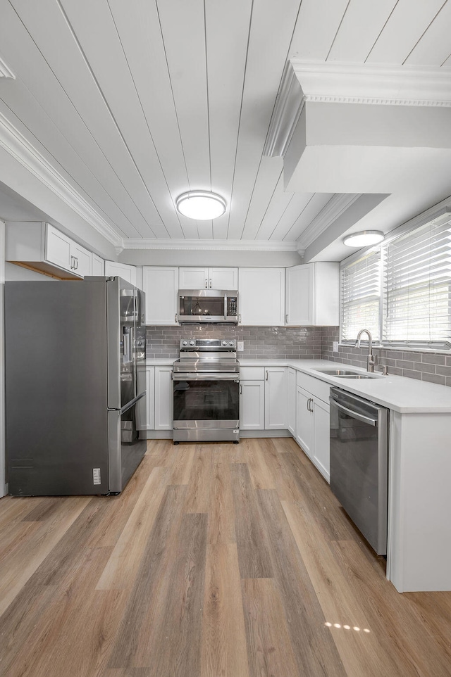 kitchen with sink, light hardwood / wood-style floors, crown molding, and stainless steel appliances