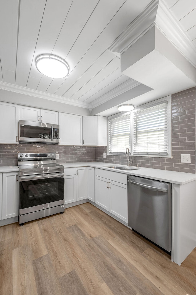 kitchen featuring sink, stainless steel appliances, light hardwood / wood-style floors, and tasteful backsplash