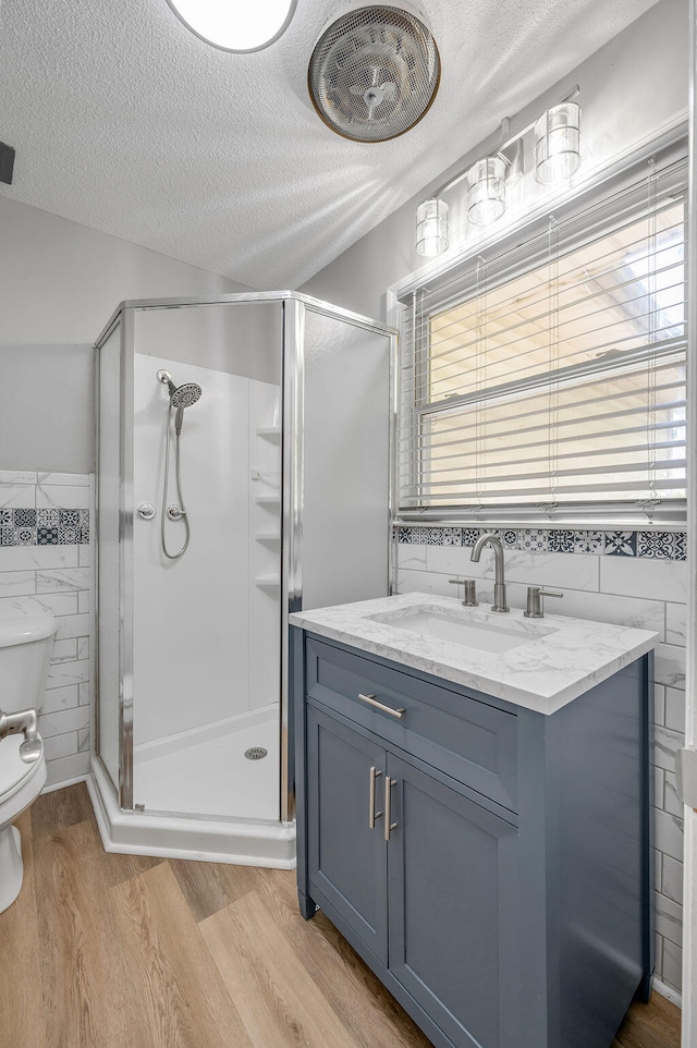 bathroom with wood-type flooring, vanity, tile walls, a shower with shower door, and toilet