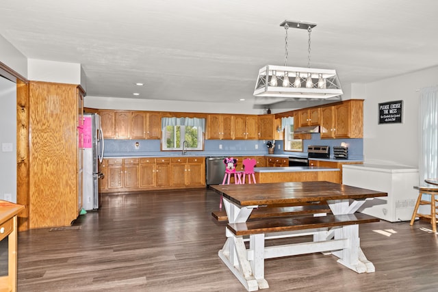 kitchen featuring sink, dark wood-type flooring, decorative light fixtures, and stainless steel appliances