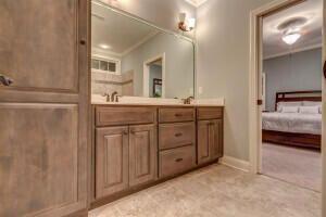 bathroom featuring crown molding and dual bowl vanity