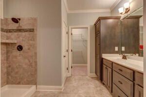 bathroom featuring vanity, tile patterned floors, crown molding, and walk in shower