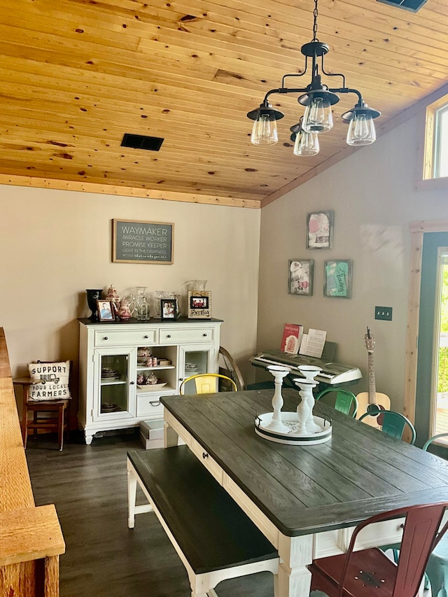 dining room with wooden ceiling, lofted ceiling, and hardwood / wood-style floors