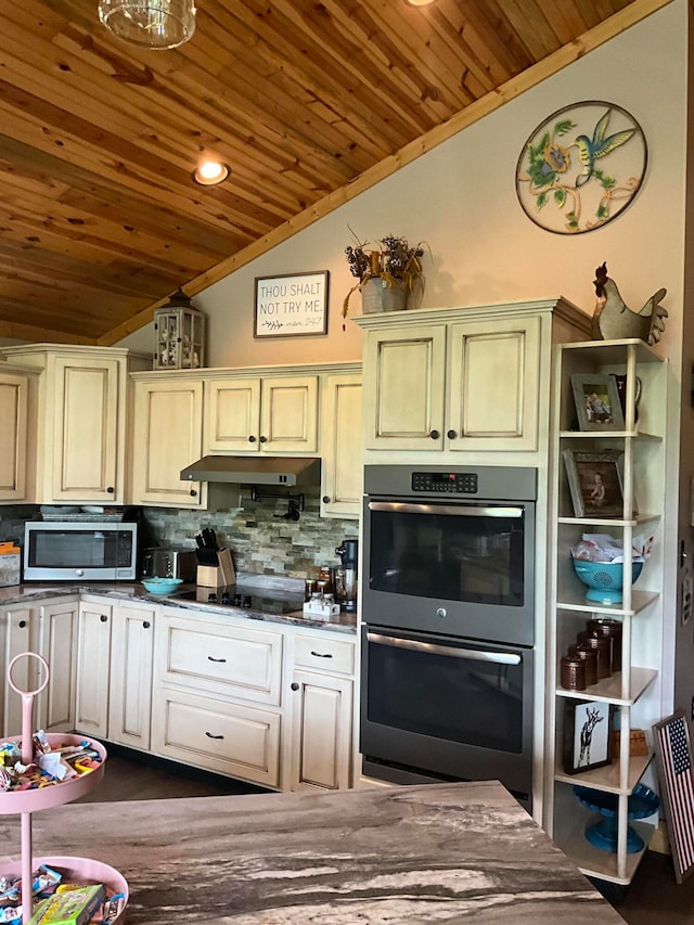 kitchen with tasteful backsplash, stainless steel appliances, crown molding, lofted ceiling, and wooden ceiling