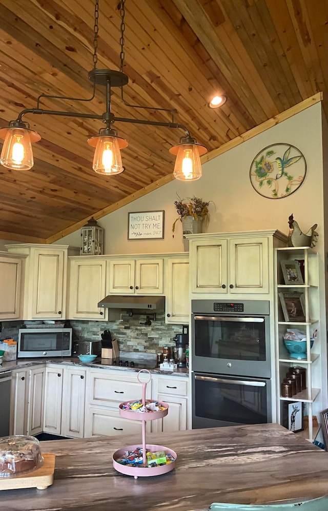 kitchen featuring tasteful backsplash, stainless steel appliances, wood ceiling, pendant lighting, and high vaulted ceiling